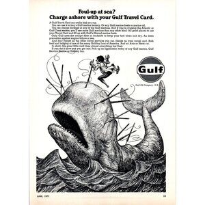 1971 Gulf Oil Company Travel Card Vintage Print Ad Whale Harpoon Cartoon Art 70s